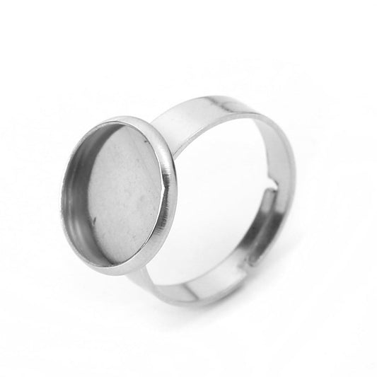 RB044 - 5 pcs. 304 Stainless Steel Silver Tone ADJUSTABLE Cabochon Setting Bezel RING bases settings - Ring Size 6.25 US - Glue Pad 12mm