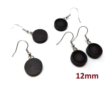 E554 - 10 pcs. 316 Stainless Steel Silver Tone Earring Dangle Hooks Settings Bezels Cabochons - 12mm Glue Pad Setting - Wood Trays - Black