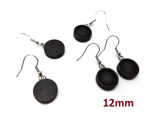 E554 - 10 pcs. 316 Stainless Steel Silver Tone Earring Dangle Hooks Settings Bezels Cabochons - 12mm Glue Pad Setting - Wood Trays - Black