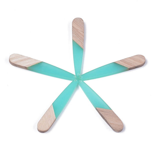 MP0010 - 4 pcs. Teal Resin and Wood Teardrop Flat Pendant - 44mm x 8mm - (1.73" x 0.32") - Great for Earrings and Necklaces!