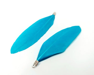 P383 - 10 pcs Sky Blue Dangle Charms Pendants - Feather - Silver Tone Crimps - 75mm (2.95") - Great for Light Earrings or Dangles!