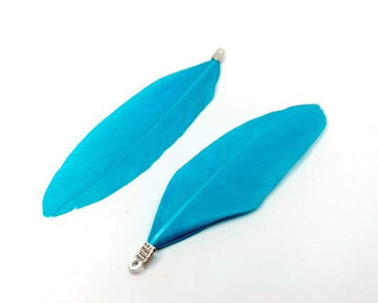 P383 - 10 pcs Sky Blue Dangle Charms Pendants - Feather - Silver Tone Crimps - 75mm (2.95") - Great for Light Earrings or Dangles!