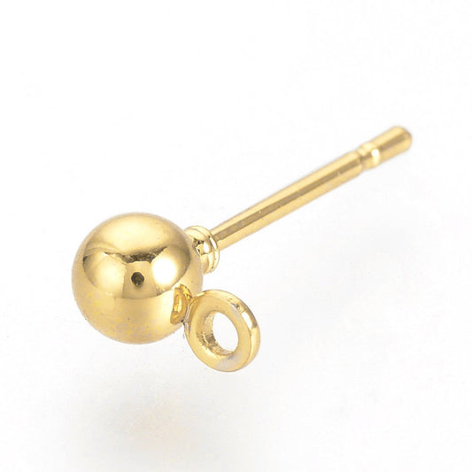 E487 - 50 pcs. (25 pairs) Stainless Iron Earring Ball Posts Settings with Loop - 6.5mm x 4mm - Golden - Stoppers Included! - Hole Size: 1mm