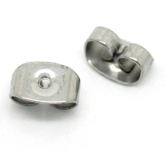E427 - 100 pcs (50 Pairs) Stainless Steel Earring Stoppers - 6mm x 4.5mm - Hypoallergenic! Ear Nuts - Butterfly Design