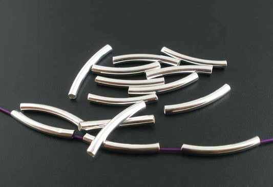 BD486 - 200 pcs. Silver Plated Noodle Tube Long Thin Smooth Curved Beads - 24mm x 3mm (1") - Made of Copper! High Quality! Hole Size: 2.8mm