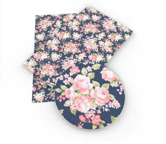 E313 - 1 Sheet Faux Leather - 20cm x 34cm (7.9" x 13.4") - Floral - Blue Pink Roses- Multicolor - Thickness: 0.7mm