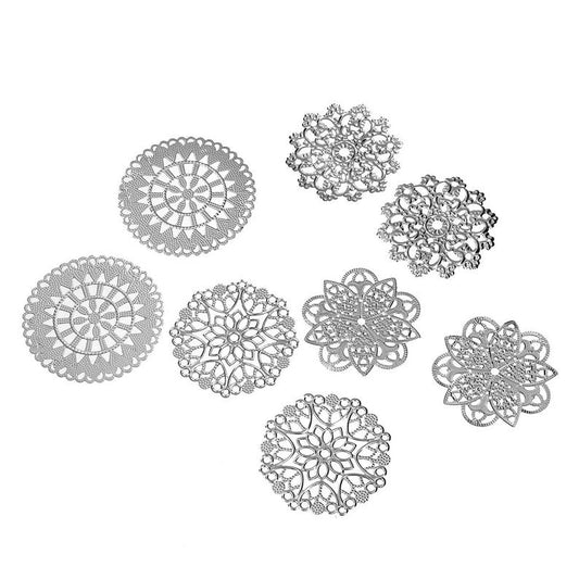 P1130 - 40 pcs. Silver Tone Circle Metal Dangle Charms Pendants - Assortment of 4 Designs - 45mm-55mm Diameters - Great for Earrings or Dangles!
