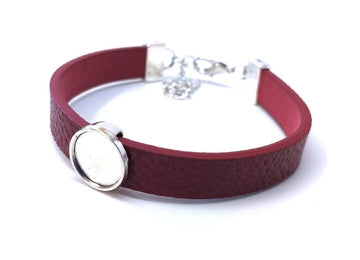 B065 - 2 pcs. Red Faux Leather Bracelets with 12mm Glue Pad Bezel Trays and Extender Chains - Adjustable from 7" to 9"