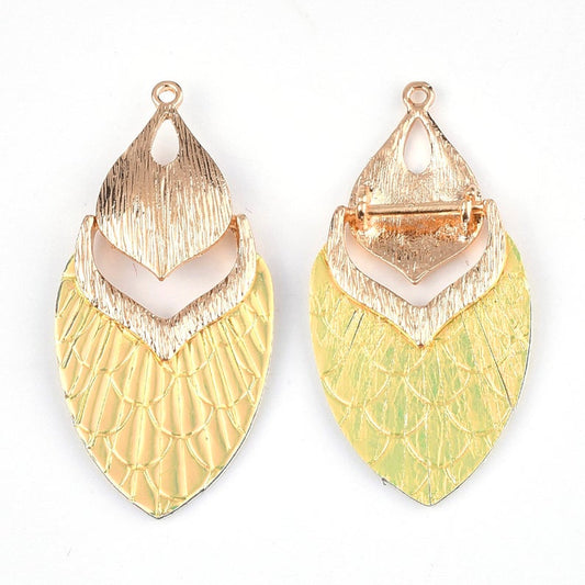 MP0003 - 10 pcs. Metal and Faux Leather Dangle Charms Pendants - Yellow - Gold Hardware - 61mm (2.4")