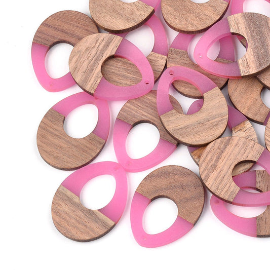 P1071 - 4 pcs. Pink Clear Resin and Wood Teardrop Flat Pendant - 38mm x 28mm - (1.5" x 1.1") - LARGE - Great for Earrings and Necklaces!