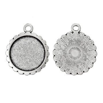 P483 - 10 pcs. Antique Silver Circle Round Bezel Cabochon Pendant Tags Trays - 16mm Glue Pad Settings - Design A