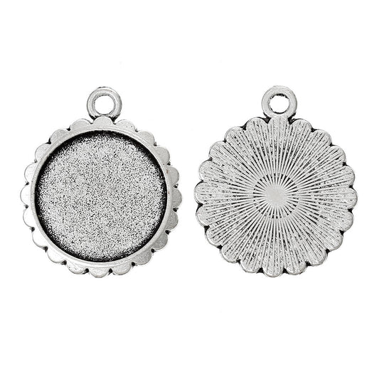 P483 - 10 pcs. Antique Silver Circle Round Bezel Cabochon Pendant Tags Trays - 16mm Glue Pad Settings - Design A