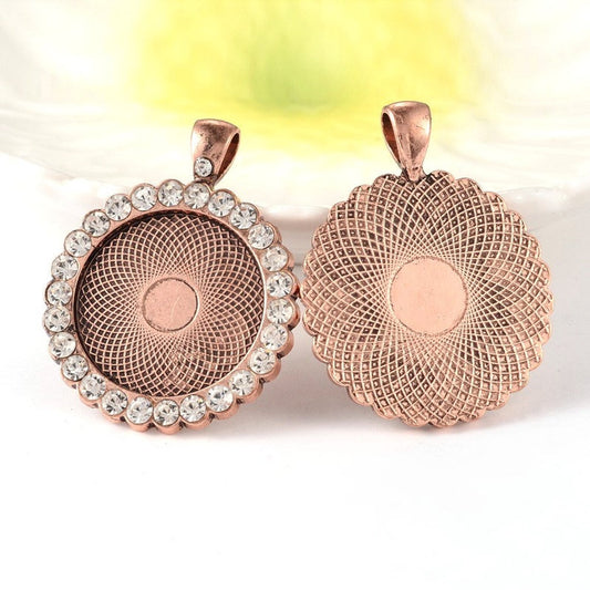 P2206 - 2 pcs. Antique Copper Rhinestone Pendant Trays Circle Posts Settings Bezels Cabochons - 25mm Glue Pad Setting (1 inch)