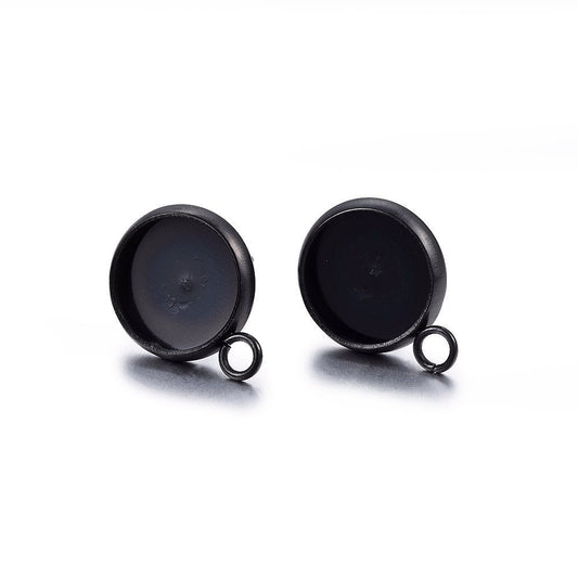 E606 - 10 pcs. 304 Stainless Steel Gunmetal Black Earring Posts Studs Settings Bezels Cabochons Tacks with Parallel Loop - 12mm Glue Pad Setting