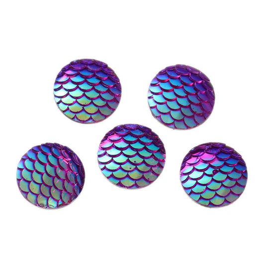 CA026 - 10 pcs Mermaid Fish Scales Resin Carved Embellishment Cabochons Purple AB - 12mm (1/2 in)