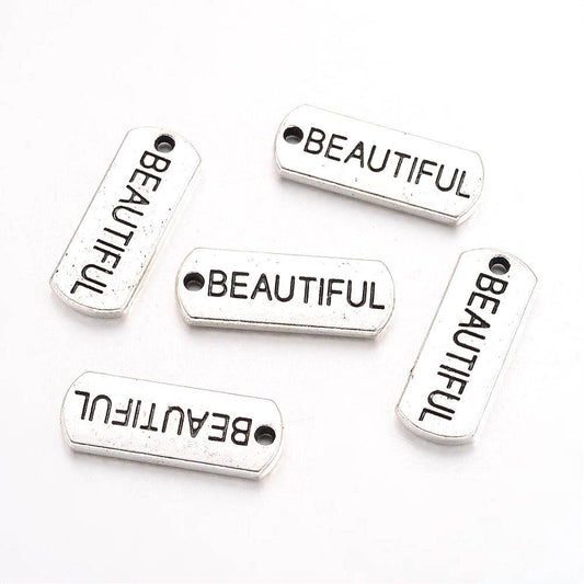 P566 - 30 pcs. Antique Silver "Beautiful" Rectangle Charms Pendants - 21mm x 8mm - Hole Size: 2mm