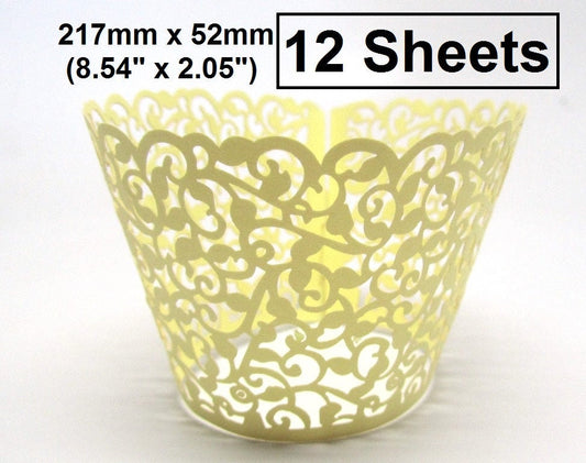 C014 - 12pcs Yellow Filigree Paper Lace Wedding Party Cupcake Cake Cups Wrappers Liners - 217mm x 52mm (8.54" x 2.05")