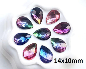 CA916 - 10 pcs Resin Imitation Crystal Faceted Embellishment Cabochons Multicolor Glitter - Assortment - 14x10mm - Teardrop - 14mm x 10mm