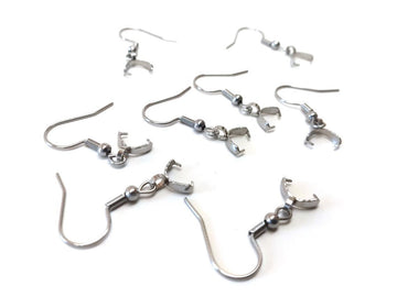 E756 - 6 pcs 316L Stainless Steel Earring Hooks with Spring and Ball - 28mm x 19mm - With Pinch Clips Bails - Silver Tone