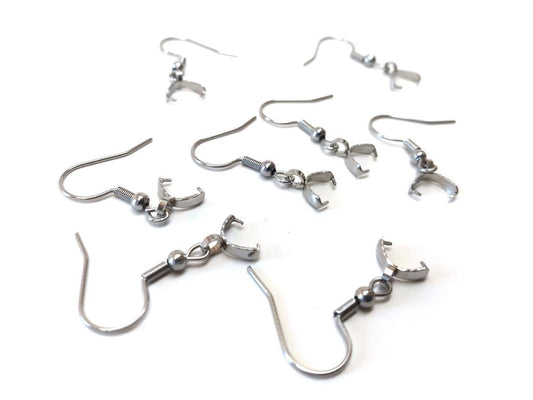 E756 - 6 pcs 316L Stainless Steel Earring Hooks with Spring and Ball - 28mm x 19mm - With Pinch Clips Bails - Silver Tone