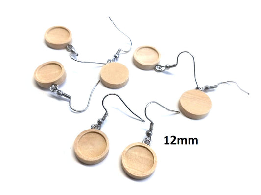 E537 - 10 pcs. 304 Stainless Steel Silver Tone Earring Dangle Hooks Settings Bezels Cabochons - 12mm Glue Pad Setting - Wood Trays - Natural