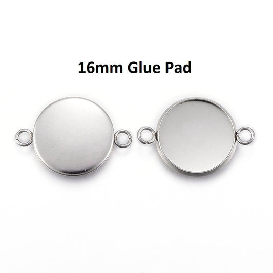 P170 - 10 pcs. 304 Stainless Steel Silver Tone Circle Round Bezel Cabochon Cameo Connector Tags Trays - 16mm Glue Pad - Tarnish Resistant!