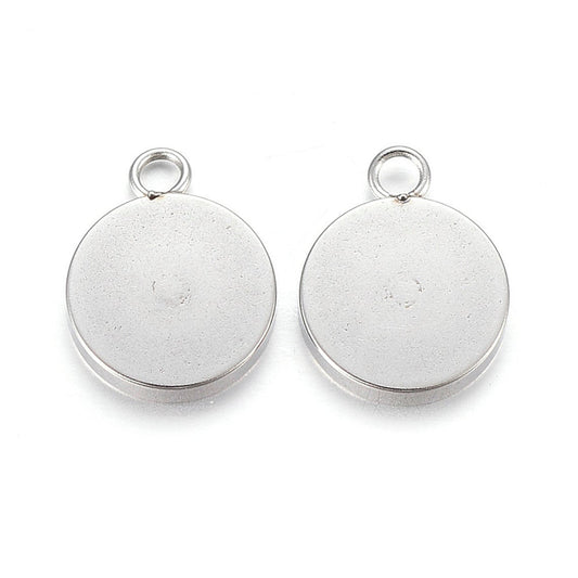 P2096 - 10 pcs. 304 Stainless Steel Silver Tone Circle Round Bezel Cabochon Pendant Tags Trays - 10mm Glue Pad - Single Loop - Single Sided