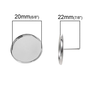 E409 - 10 pcs. Silver Plated Earring Posts Studs Settings Bezels Cabochons Tacks- 20mm Glue Pad Setting - Includes Rubber Backs!