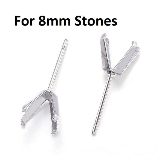 E587 - 10 pcs. (5 pairs) 304 Stainless Steel Earring Prongs Posts Settings Studs - Silver Tone - 17mm x 8mm - Tarnish Resistant!