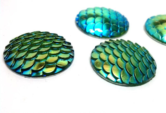 CA459 - 5 pcs Mermaid Fish Scales Resin Carved Embellishment Cabochons Yellow Green - 25mm (1 in)
