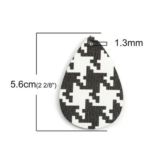 P2056 - 10 pcs Black and White Faux Leather Dangle Pendants - Teardrop - Houndstooth - 56mm (2.2") - Great for Earrings or Dangles! Double-Sided