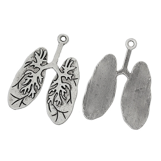 P747 - 5 pcs. Antique Silver Anatomical Organ Lungs Medical Charms Pendants - 39mm x 30mm (1 inch)