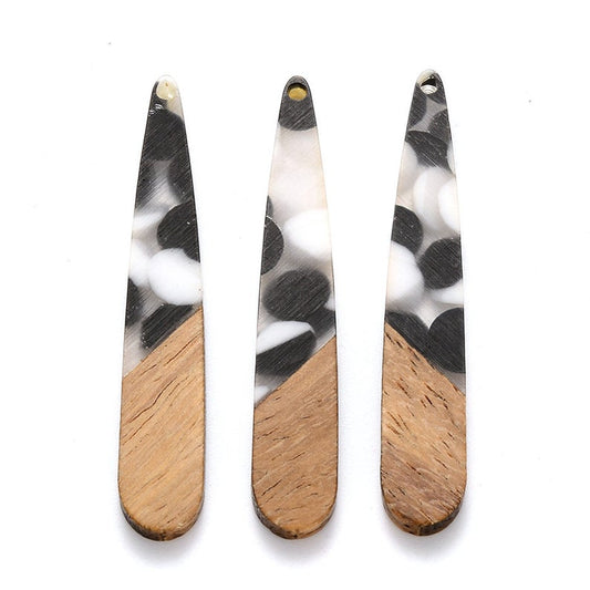 MP0011 - 4 pcs. Black and White Polka Dots - Resin and Wood Teardrop Flat Pendant - 44mm x 8mm - (1.73" x 0.32") - Great for Earrings and Necklaces!