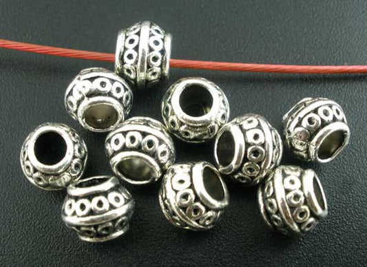 BD445 - 50 pcs. Antique Silver Metal Tibetan Round Pot Spacer Beads- 8mm x 6mm - They fit Paracord and European Cords!