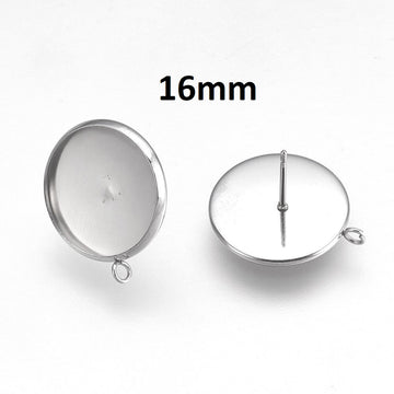 E377 - 10 pcs 304 Stainless Steel Silver Earring Posts Studs Settings Bezels Cabochons Tacks with Loop - 16mm Glue Pad Setting - Perpendicular Loop