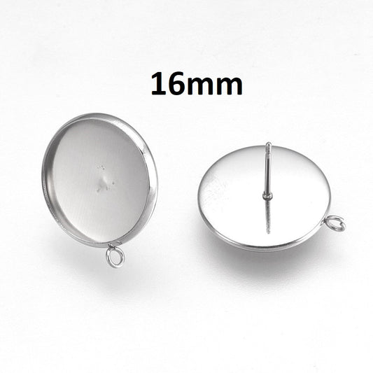 E377 - 10 pcs 304 Stainless Steel Silver Earring Posts Studs Settings Bezels Cabochons Tacks with Loop - 16mm Glue Pad Setting - Perpendicular Loop