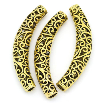 BD487 - 5 pcs. Antique Gold Noodle Carved Hollow Filigree Pattern Tube Extra Long Curved Beads - 66mm x 12mm (2 5/8" x 1/2")