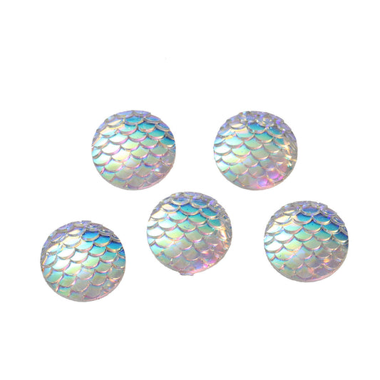 CA007A - 5 pcs Mermaid Fish Scales Resin Carved Embellishment Cabochons White Multicolor - 12mm