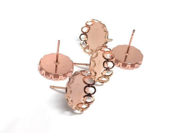 E422 - 10 pcs. Rose Gold Plated Earring Posts Studs Settings Bezels Cabochons Tacks- 12mm Glue Pad Setting - Crown Design
