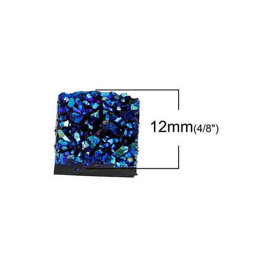 CA146 - 10 pcs Druzy Resin Embellishment Cabochons Blue Multicolor AB - 12mm - Square