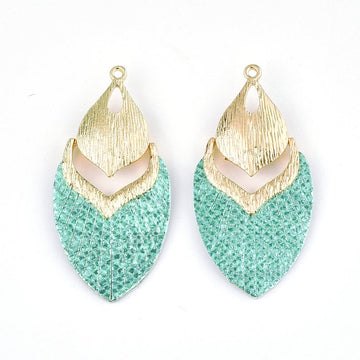 MP0004 - 10 pcs. Metal and Faux Leather Dangle Charms Pendants - Teal Green - Gold Hardware - 61mm (2.4")