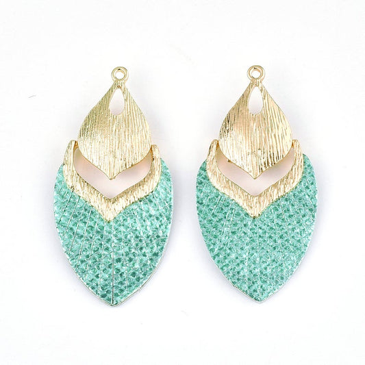MP0004 - 10 pcs. Metal and Faux Leather Dangle Charms Pendants - Teal Green - Gold Hardware - 61mm (2.4")