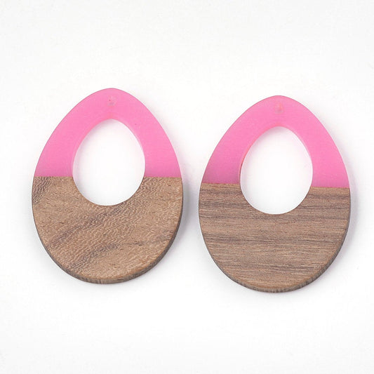 P1071 - 4 pcs. Pink Clear Resin and Wood Teardrop Flat Pendant - 38mm x 28mm - (1.5" x 1.1") - LARGE - Great for Earrings and Necklaces!