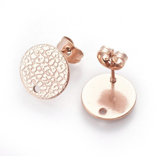 E563 - 10 pcs. (5 pairs) 304 Stainless Steel Rose Gold Earring Posts/Bases/Studs/Settings - 12mm Diameter - Hole Size: 1.8mm - TEXTURED