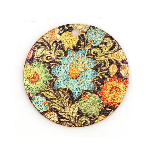 P1119 - 10 pcs. Gold Plated Multicolor Enamel Circle Metal Dangle Charms Pendants - Blue Flower - 20mm - 0.8" - Great for Earrings or Dangles!