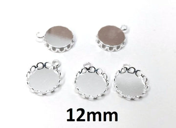 P1110 - 10 pcs. Silver Plated Circle Round Bezel Cabochon Pendant Tags Trays - 12mm Glue Pad - Single Loop - Crown Scalloped Design