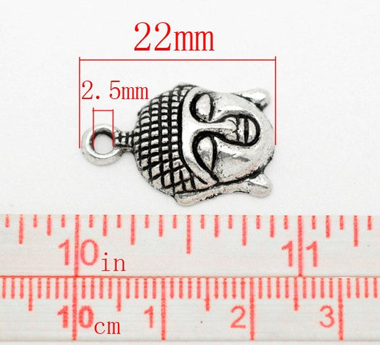 P089 - 10 pcs. Antique Silver Tone Buddha Face Charms Pendants - 22mm x 15mm
