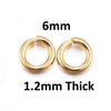 J312 - 50 pcs 304 Stainless Steel Open Jump Rings 6mm - 16 Gauge (1.2mm Thick) - Gold Plated - Tarnish Resistant!