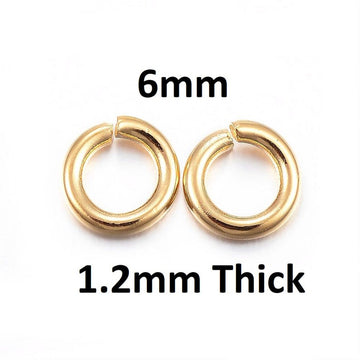 J312 - 50 pcs 304 Stainless Steel Open Jump Rings 6mm - 16 Gauge (1.2mm Thick) - Gold Plated - Tarnish Resistant!