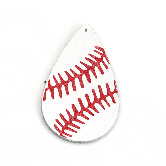 P939 - 6 pcs. White Red Baseball Cowhide REAL Leather Dangle Charms Pendants - Teardrop - 56mm (2.2")-Great for Light Earrings or Dangles
